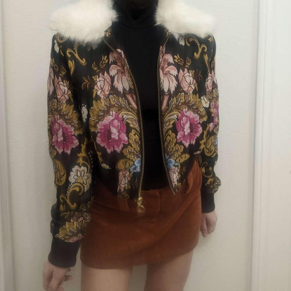 LPA Jacket 618 Brocade Fur Bomber jacquard embroidered baroque damask floral